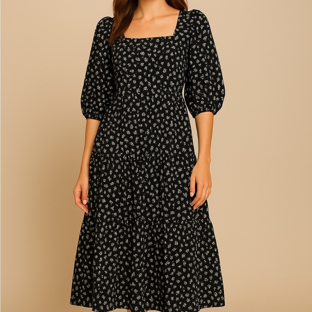 a.n.a Black & White Floral Square-Neck Midi Dress – Size L